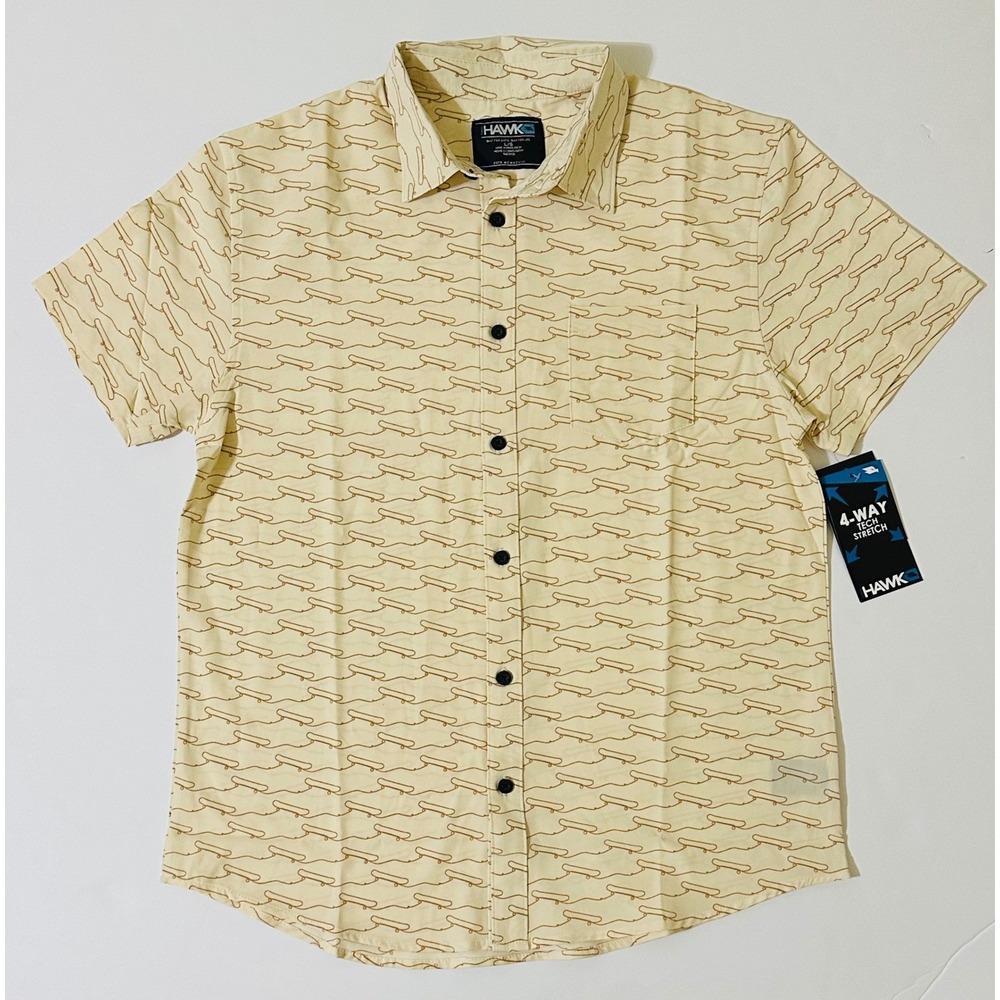 Tony Hawk Button Down Shirt Mens L Cream Skateboard Print 4 Way Tech Stretch